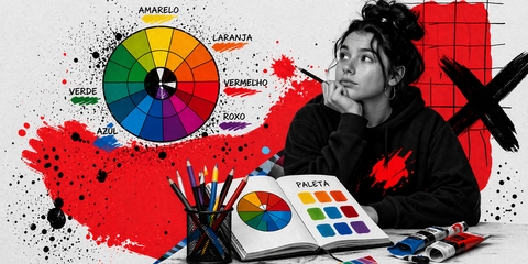 estudante de design sentada com a mão na cara a segurar um lápis. Ao fundo elementos que remetem a teoria das cores.