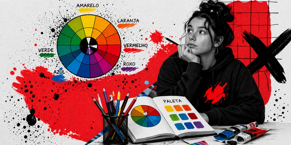 estudante de design sentada com a mão na cara a segurar um lápis. Ao fundo elementos que remetem a teoria das cores.